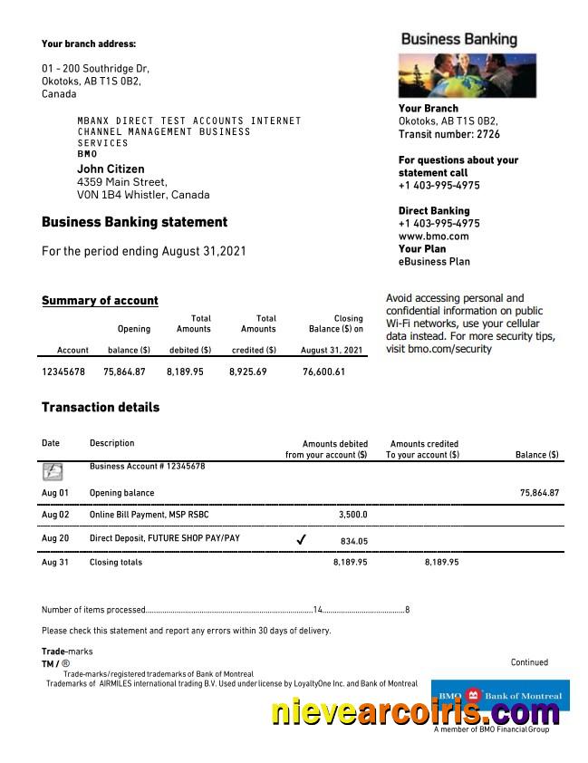 Canada BMO Bank of Montreal statement